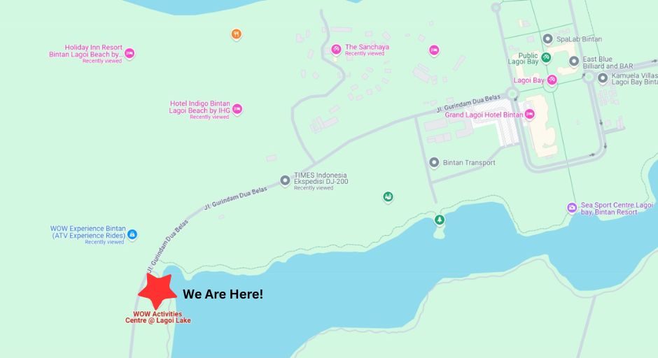 Map highlighting The WOW Experience Bintan Activities Centre and Lagoi Bay location in Bintan, Indonesia,