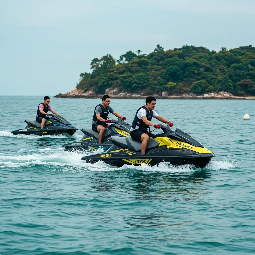 Corporate team participating in a jetski relay, highlighting communication and leadership