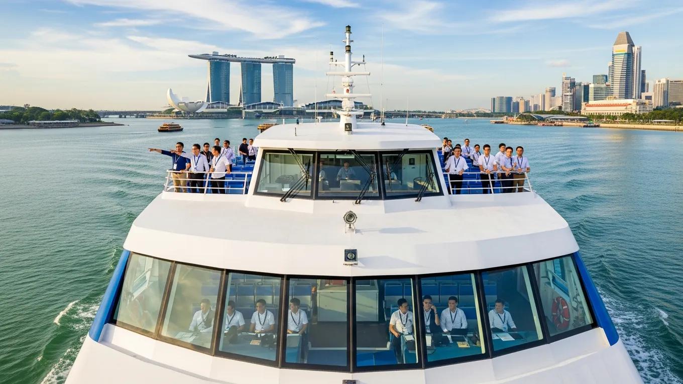 Ferry transporting corporate groups from Singapore to Bintan with scenic waterfront views