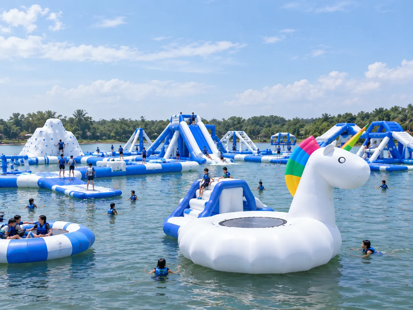 Vibrant water inflatable obstacle course at Lagoi Lake in Bintan, Indonesia, features a giant unicorn