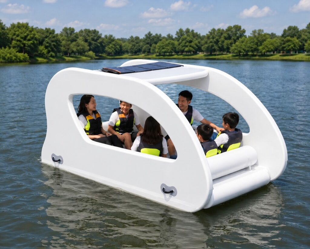 Family enjoying a scenic Baymax Boat ride on Lagoi Lake in Bintan, Indonesia, offering a