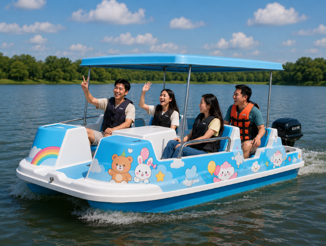 Family enjoying a relaxing ride on a blue and white Family Motor Boat on a