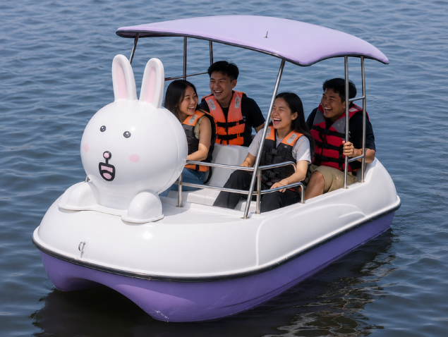 A family of four joyfully pedals a whimsical, bunny-shaped pedal boat on a calm lake