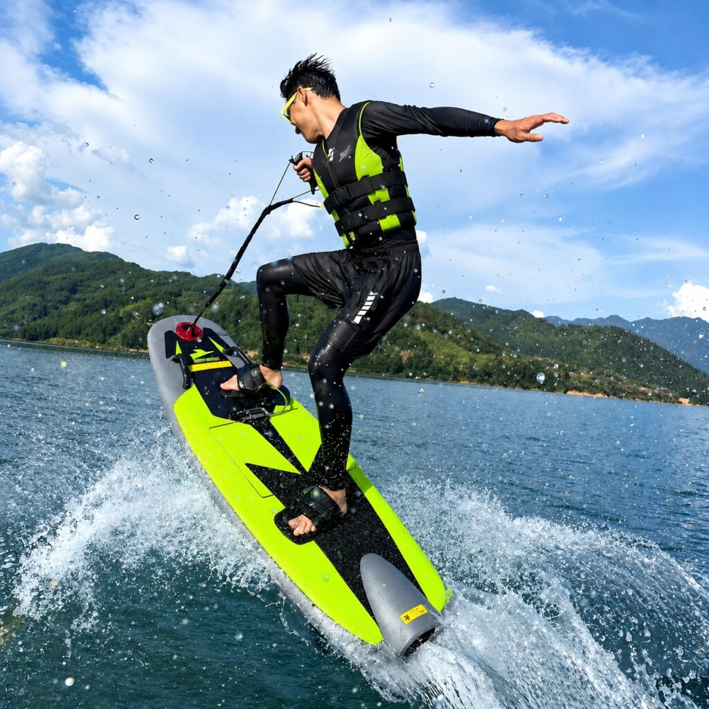 Man riding an electric jet surfboard on the water, showcasing a thrilling Bintan water adventure