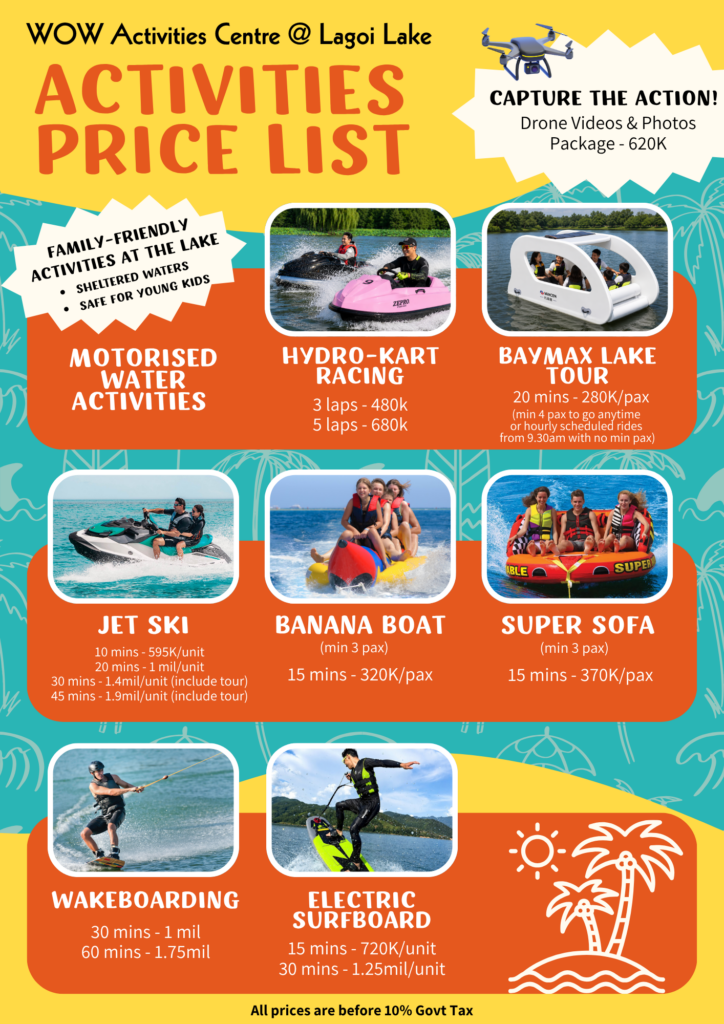 Lagoi Lake activities price list showcasing water sports and family fun.