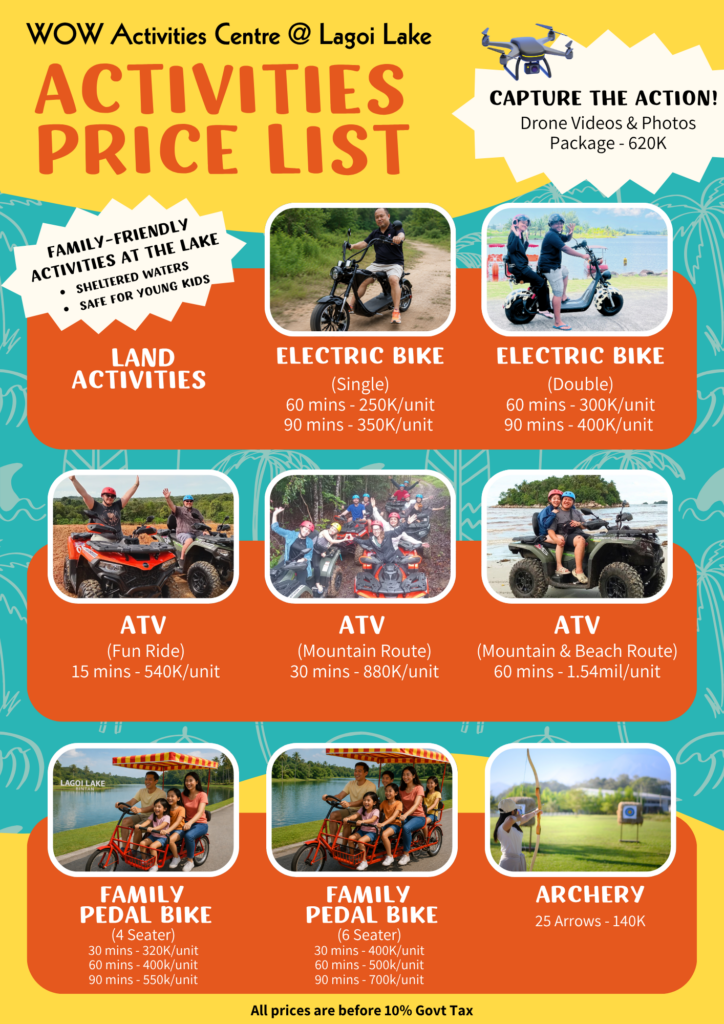 Price list for Bintan land and water activities at Lagoi Lake.