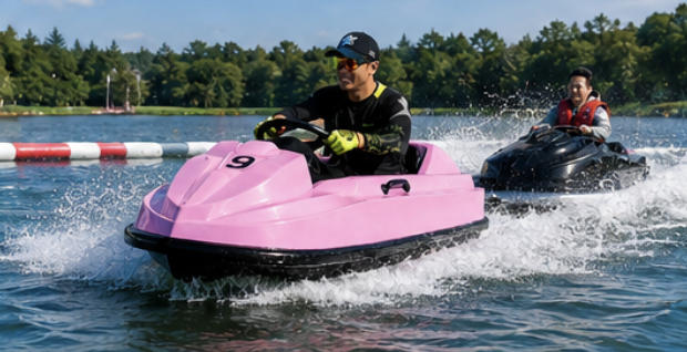Two people riding colorful jet skis on a lake, splashing water