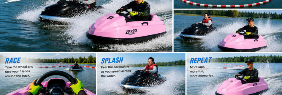 Two people racing in colorful water go-karts on a lake track