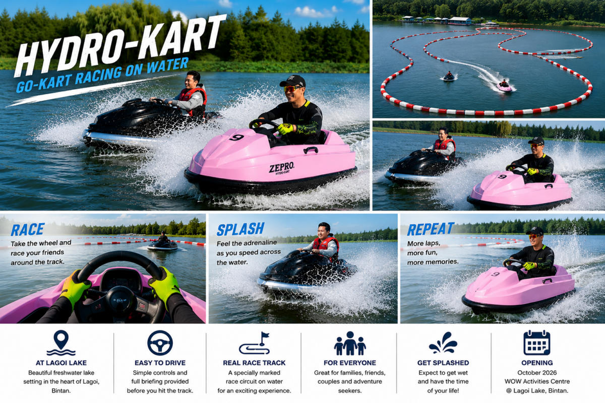 Two people racing in colorful water go-karts on a lake track